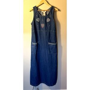 Women's True Blue Size M Denim Jumper Dress Flowers Long Modest Hearts Pockets